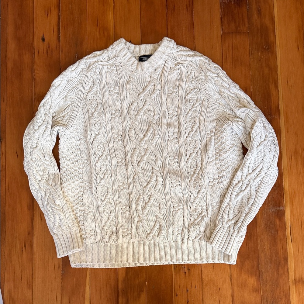 Lands' End Cream Cable Knit Sweater 100% Cotton Size XL
